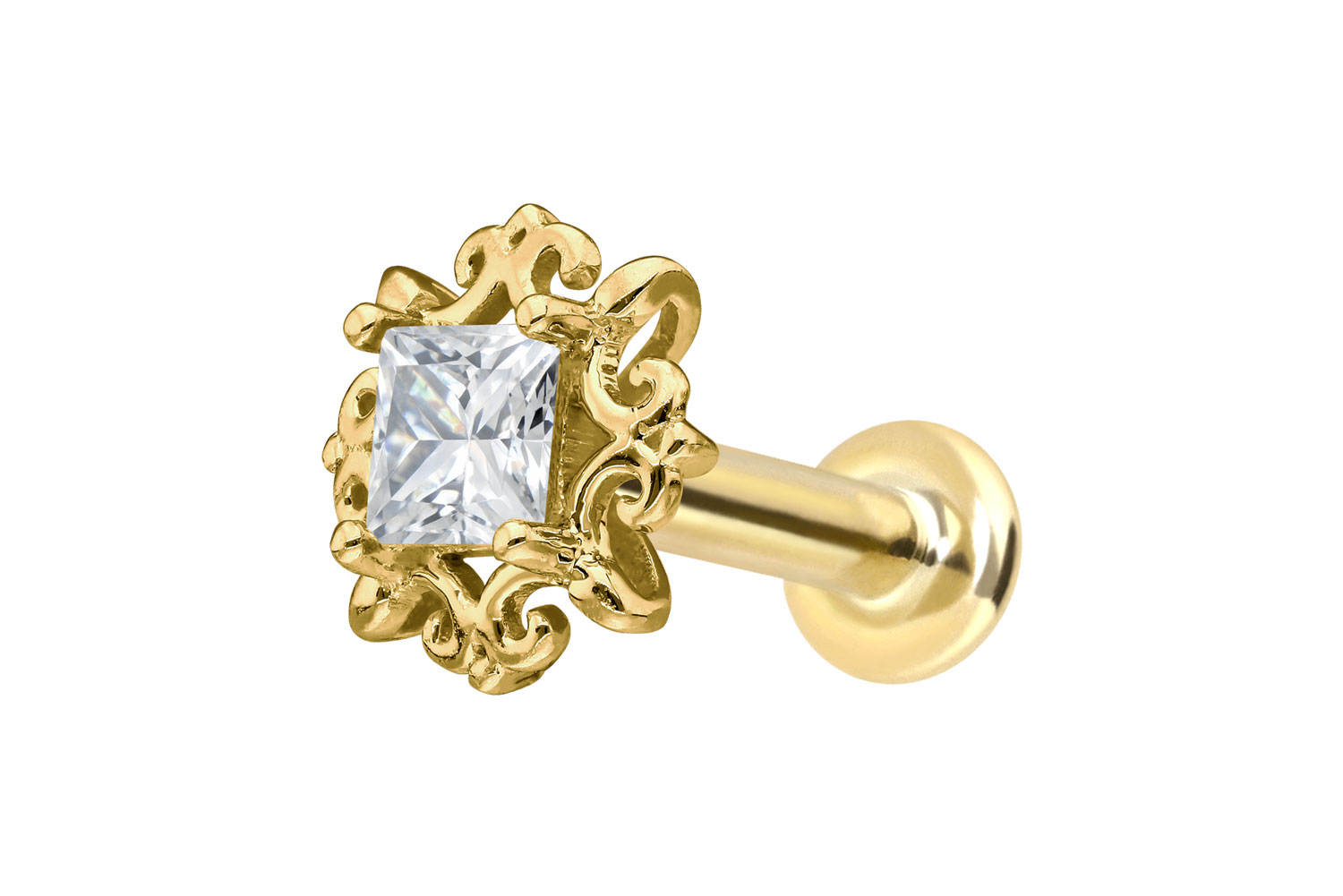 14 Karat Gold Labret Piercing mit Push Fit MOISSANIT-QUADRAT + ORNAMENTE